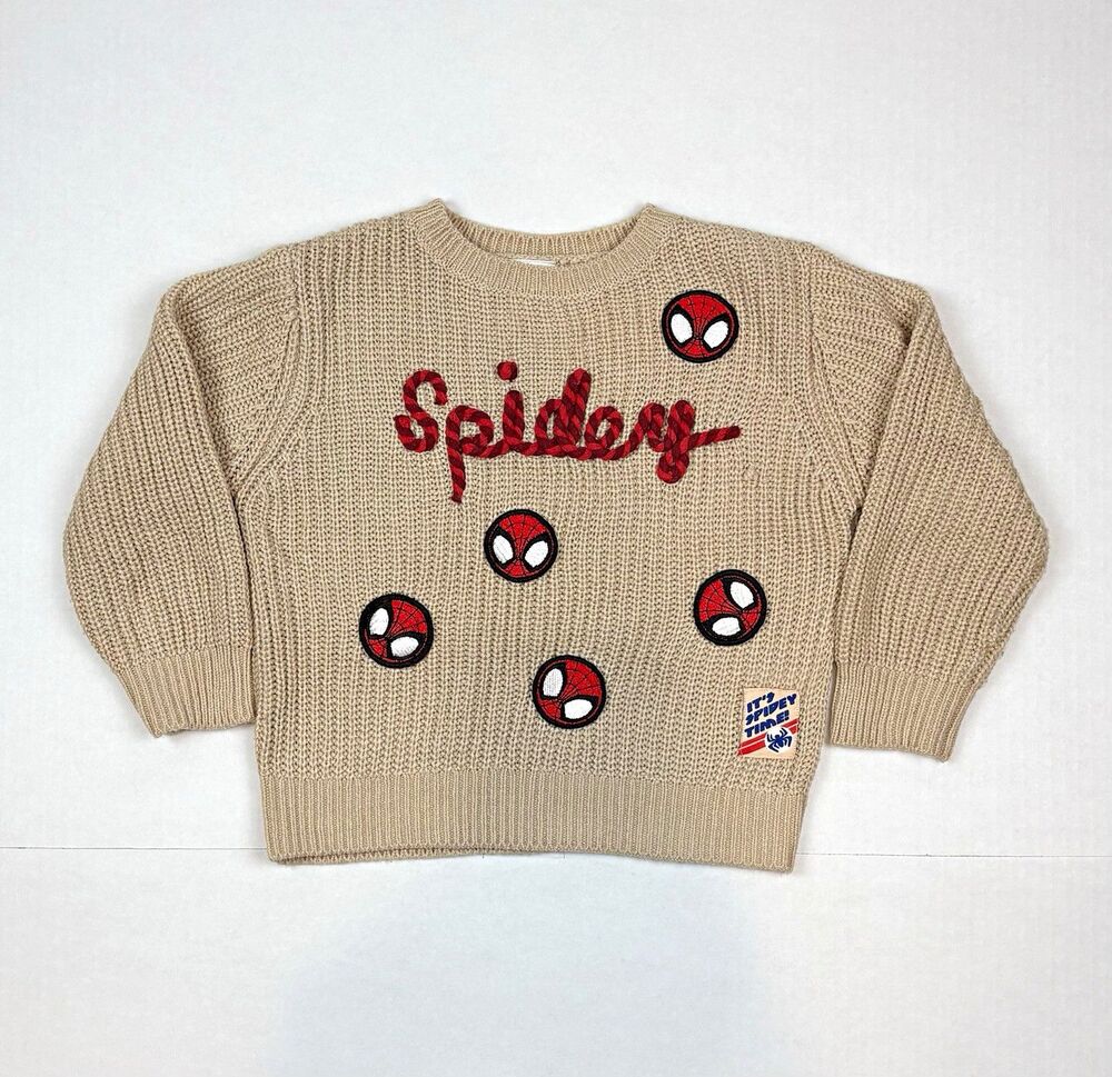 Marvel Spidey Amazing Friends Sweater Pullover Sweater Beige Embroidery Sz 4T